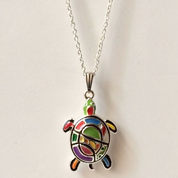 Silver Sea Life Turtle Necklace 24" Chain Nautical Island Beach Plated Plus Size - Picture 4 of 10